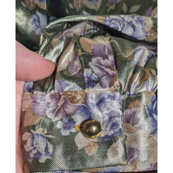 Shara Vintage Metallic Floral Slick Feel Button Up Blouse With Shoulder Pads - Picture 10 of 12